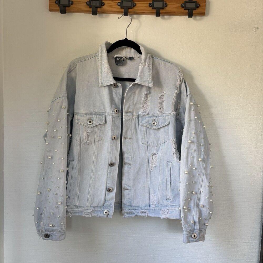 Arula Light Wash Pearl-Embellished Distressed Denim Jacket